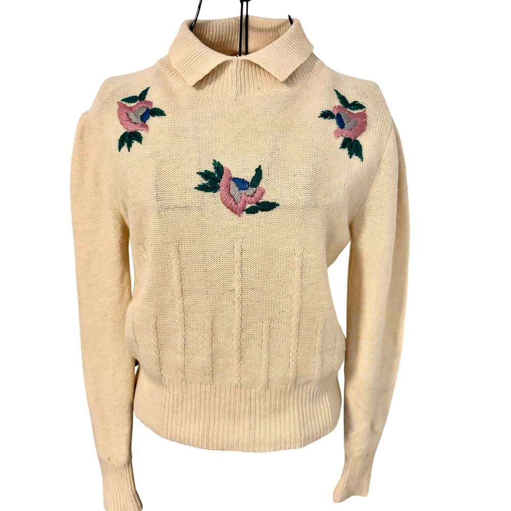 Vintage 60's Original Esprit Lambswool Angora Embroidered Pullover Sweater Retro